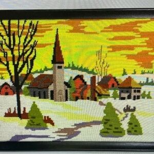 Vintage MCM Needlepoint Landscape Of Church Village Framed 17” X 12” Winter